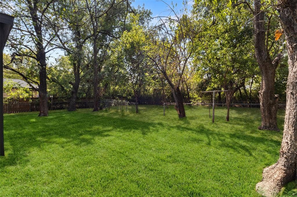 333 Levant Avenue, Dallas, TX 75217 Expansive backyard with a manicured lawn, mature trees, and a privacy fence