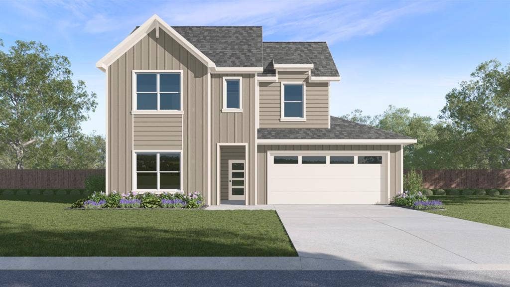 197 Brooks Street, Bullard, TX 75757 Modern two-story exterior featuring a two-car garage, multiple windows, and a combination of vertical and horizontal siding