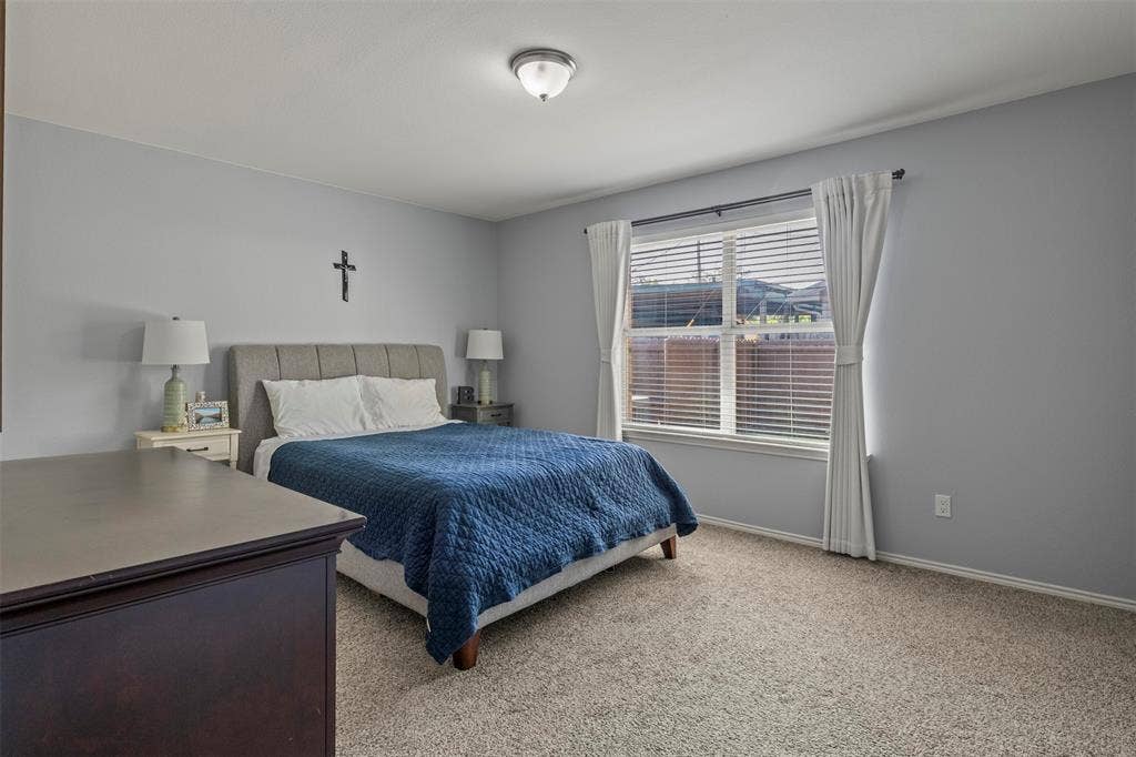 Carpeted flooring, window with blinds, ceiling-mounted light fixture, light gray wall paint