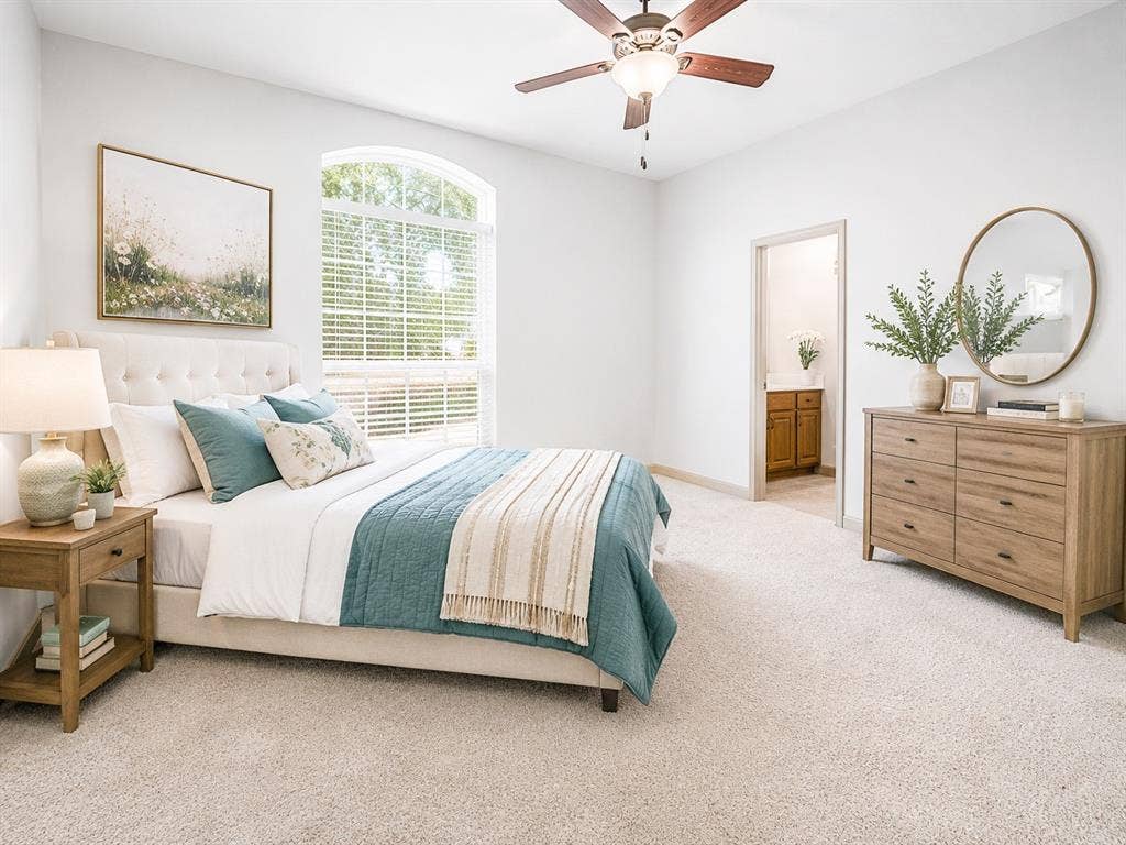 1908 Meadow Springs Drive, Haslet, TX 76052 Arched window with blinds, light-toned carpet flooring, ceiling fan with light fixture, light-colored walls, and an open doorway