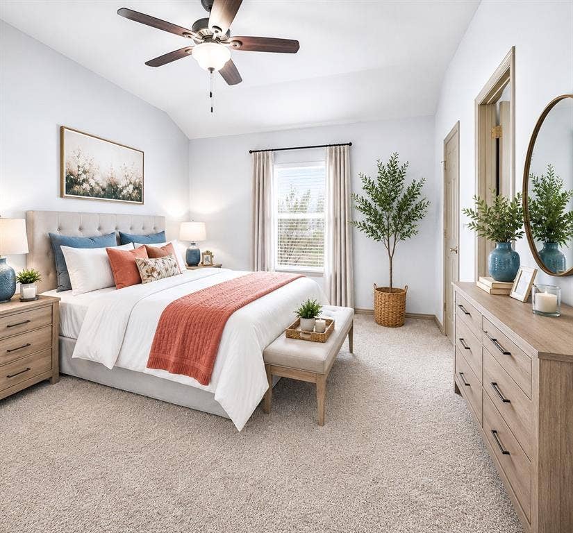 1908 Meadow Springs Drive, Haslet, TX 76052 Vaulted ceiling with a ceiling fan, light-toned carpeting, and a window with blinds