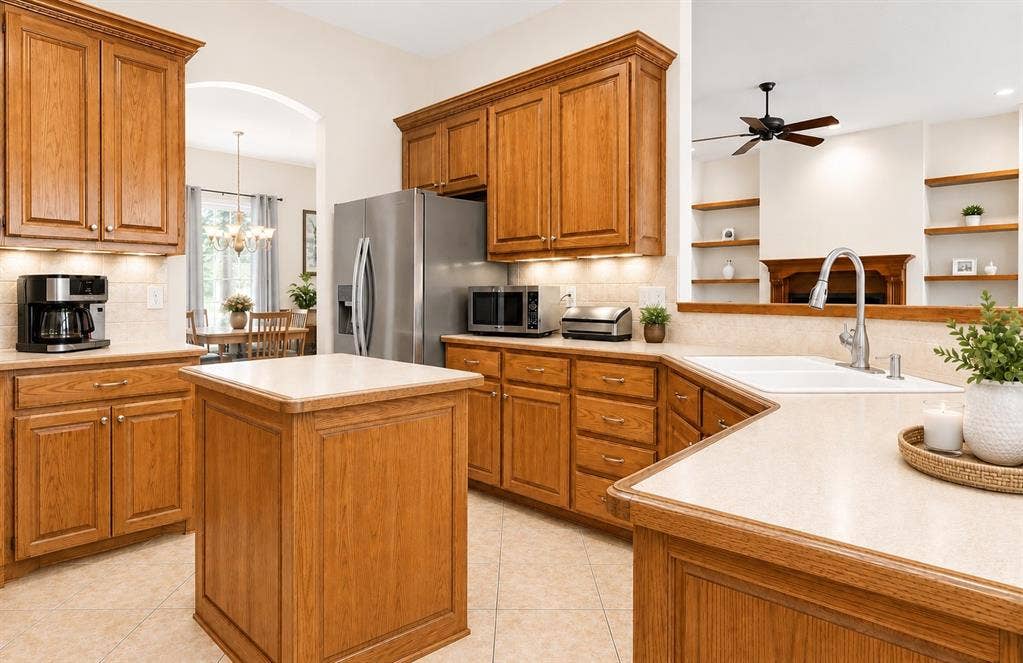 1908 Meadow Springs Drive, Haslet, TX 76052 Kitchen featuring wood cabinetry, a central island, stainless steel appliances, a white double-basin sink, and recessed lighting