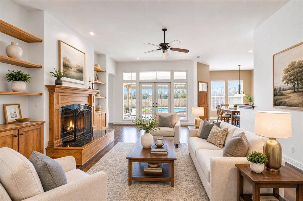 1908 Meadow Springs Drive, Haslet, TX 76052 Wood-finish flooring throughout, fireplace with wood mantel and black hearth, built-in shelving and cabinetry, French doors to exterior, and recessed lighting