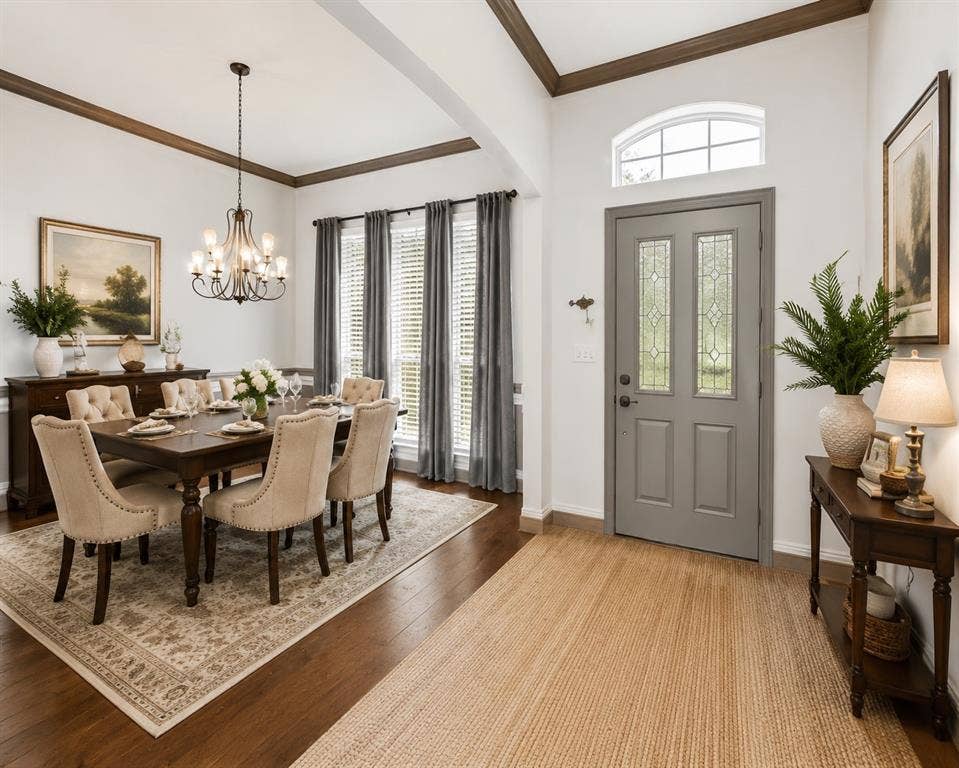 1908 Meadow Springs Drive, Haslet, TX 76052 Hardwood flooring, tray ceiling with wood-finish trim, chandelier lighting fixture, decorative front door with leaded glass inserts, and arched transom window