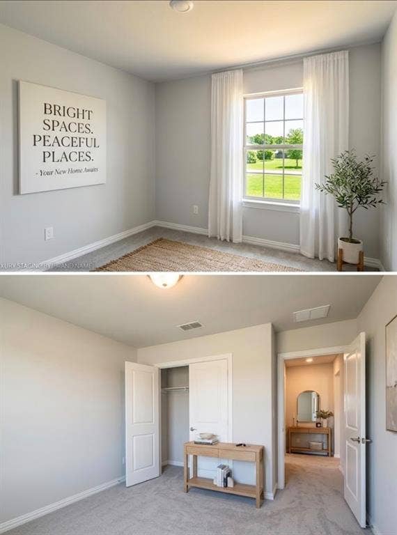 7204 Running Iron Trail, Sachse, TX 75048 Window with white curtains, neutral wall paint, carpet flooring, and a built-in closet with bi-fold doors