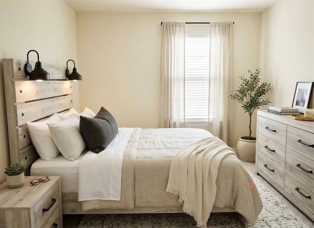 7204 Running Iron Trail, Sachse, TX 75048 Window with blinds and sheer curtains, light-colored walls, wood-finish flooring, and a built-in headboard with attached sconces