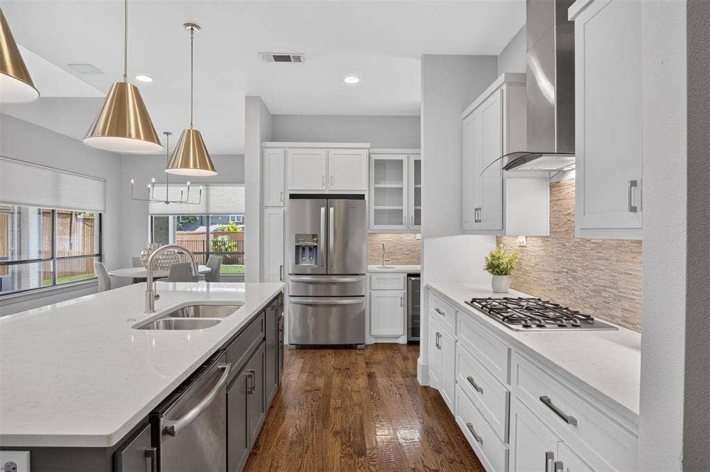 5328 Manett Street, Dallas, TX 75206 Expansive kitchen island with an undermount sink, stainless steel appliances, white cabinetry, wood-finish flooring, and a textured backsplash