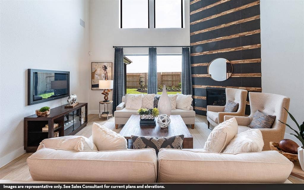 810 Metcalf Drive, Princeton, TX 75071 High ceilings, wood-finish flooring, two-story windows, a fireplace with a textured surround, and dark-framed windows