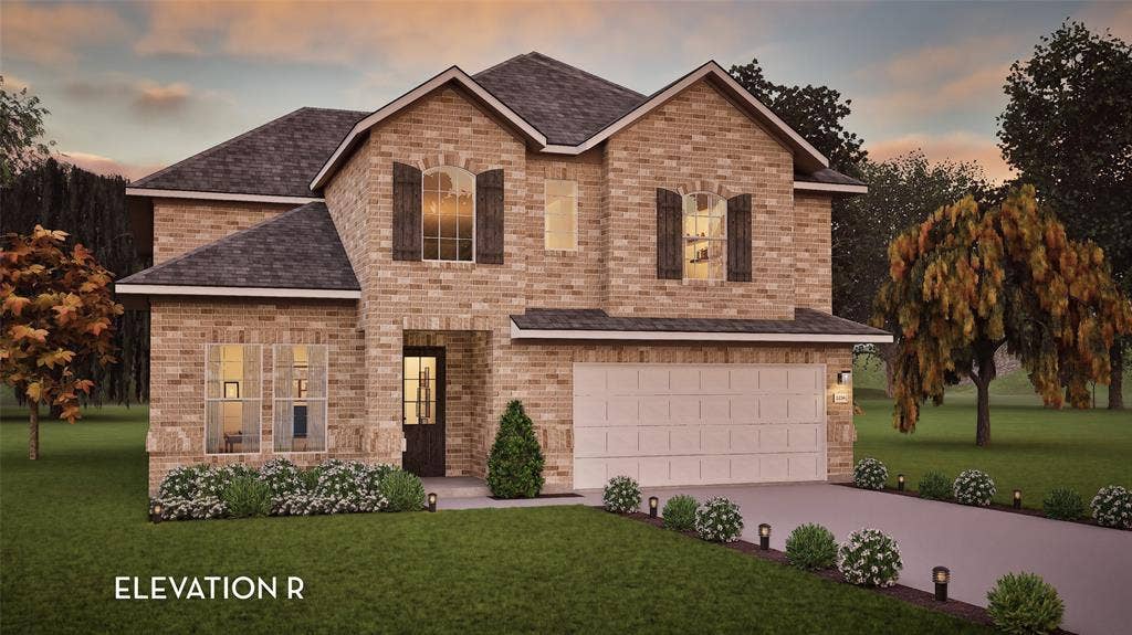 810 Metcalf Drive, Princeton, TX 75071 Brick exterior, arched window with shutters, two-car garage, established landscaping, and a well-maintained lawn