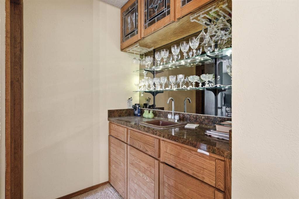 6146 County Road 334, Tyler, TX 75708 Built-in wet bar featuring a mirrored backsplash, glass shelving, and wood-finish cabinetry