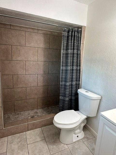 1441 Quartet Drive, Dallas, TX 75241 Built-in shower with large format wall tiles, mosaic tile shower pan, and a white toilet