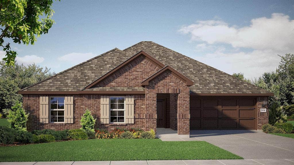1457 CANTERBURY Trail, DeSoto, TX 75115 Front Elevation - D.R. Horton's Dillonfloorplan Elevation G - All Home and community information, including pricing, included features, terms, availability and amenities, are subject to change at any time without notice or obligation. All Drawings, pictures, photographs, video, square footages, floor plans, elevations, features, colors and sizes are approximate for illustration purposes only and will vary from the homes as built.