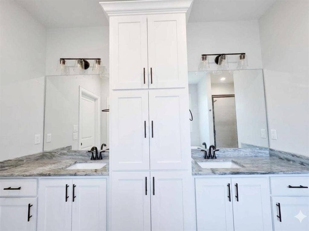 11034 Oak Springs Cove, Tyler, TX 75703 Dual vanity with white cabinetry and dark hardware