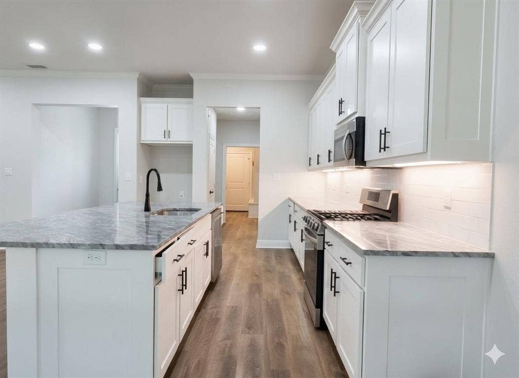 11034 Oak Springs Cove, Tyler, TX 75703 Spacious kitchen featuring an island with an integrated sink, stone countertops, white cabinetry with matte black hardware, stainless steel appliances, and wood-finish flooring