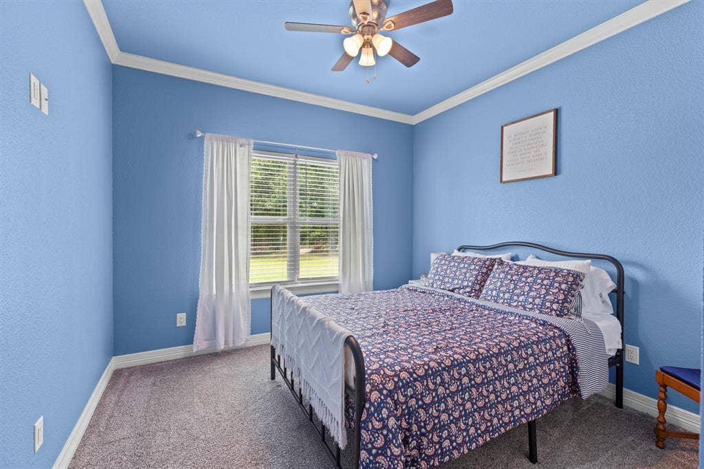22477 County Road 2166, Troup, TX 75789 Textured walls with crown molding, ceiling fan with integrated lighting, window with blinds, and neutral carpet flooring