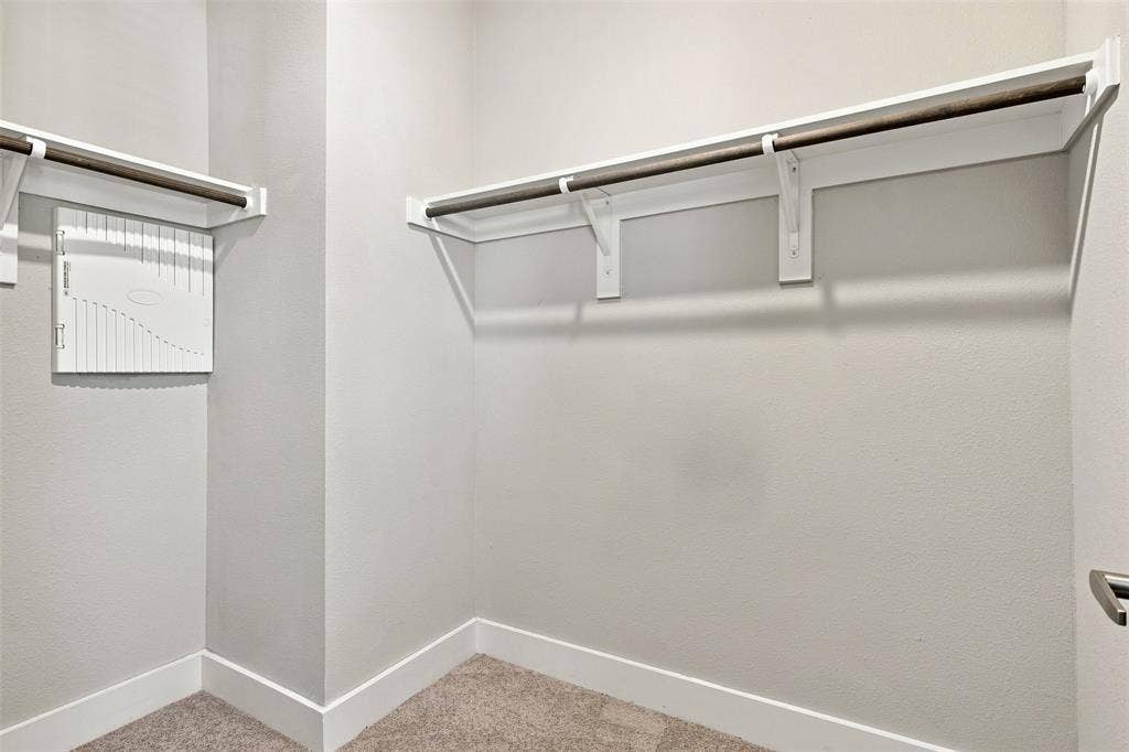 3352 Norris Street, Plano, TX 75074 Walk-in closet with carpet flooring, white painted walls, and built-in shelving with hanging rods
