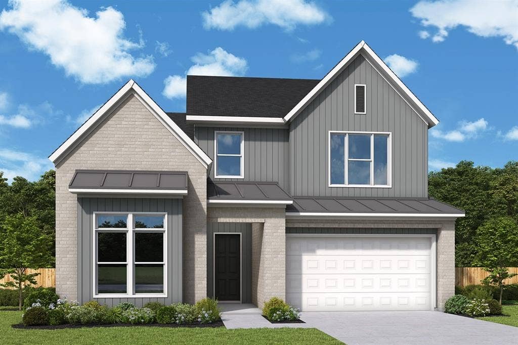 Contemporary exterior featuring light gray brick and vertical siding accents