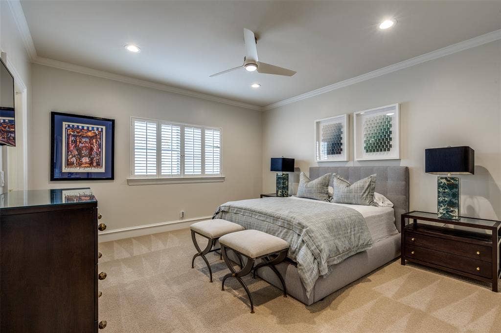 17316 Club Hill Lane, Dallas, TX 75248 Bedroom 2 with walk in closet, plantation shutters and jack-n-jill bathroom joining Bedroom 3