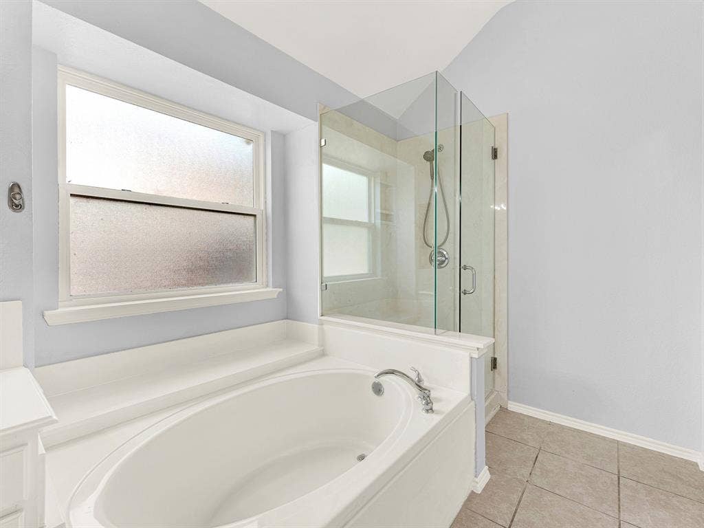 7409 High Point Drive, Sachse, TX 75048 Separate tub and frameless walk-in shower