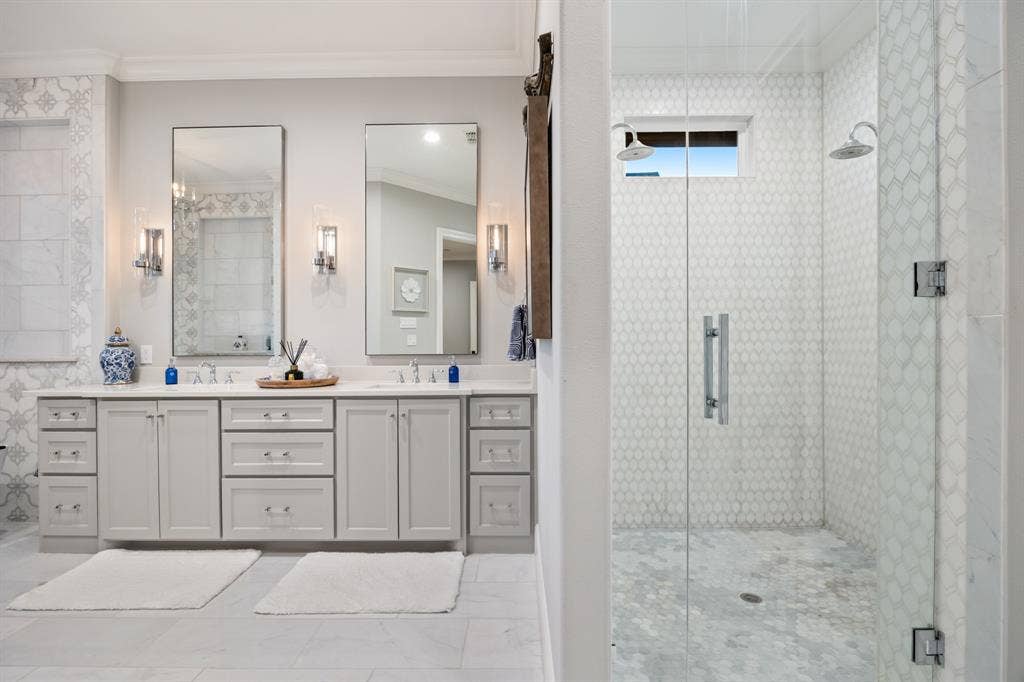 2201 Hanna Court, Midlothian, TX 76065 Primary bath features a walk-in shower with dual shower heads, spa-like vanity.