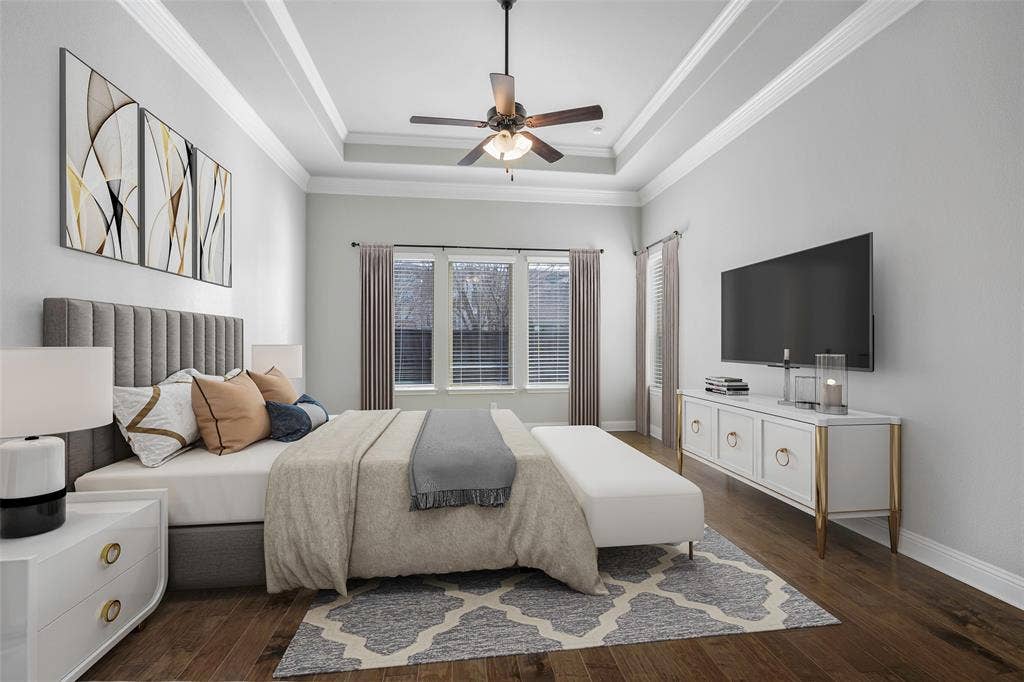 941 Leola Lane, Allen, TX 75013 Tray ceiling with a ceiling fan, recessed window with blinds, and wood-finish flooring