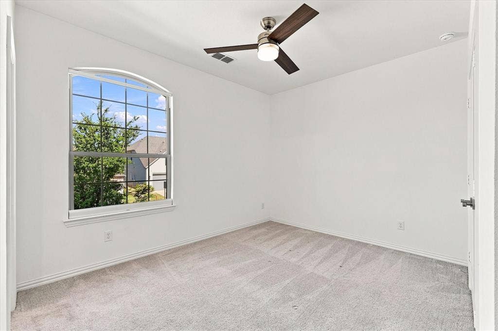 3109 Taunton Way, McKinney, TX 75069 Arch-top window with grid pattern, neutral carpet, ceiling fan with light fixture, and white walls