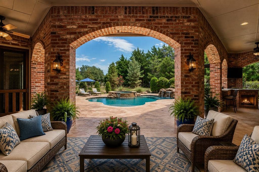 424 Wyndemere Boulevard, Heath, TX 75032 Covered patio with brick archways, ceiling fans, and an outdoor kitchen featuring a built-in fireplace. virtual staged