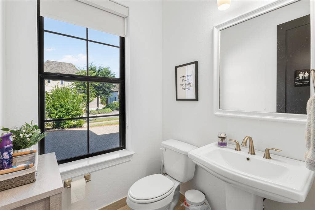Pedestal sink with brass-finish faucet, framed wall mirror, and window with dark grid