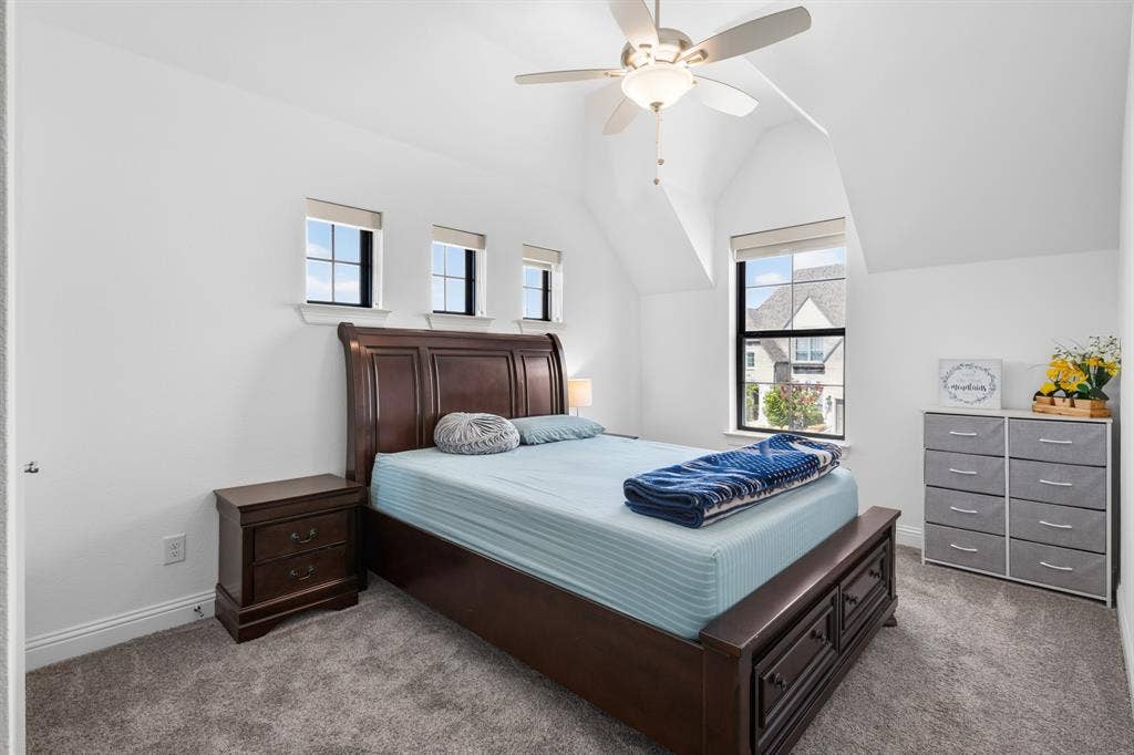 Vaulted ceiling with a ceiling fan, three transom windows, a large window, and carpet flooring