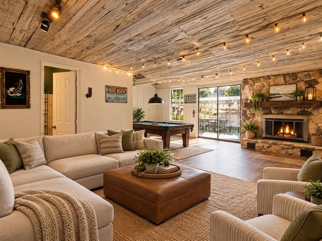 Stone-clad fireplace and a wood-paneled ceiling- virtually staged