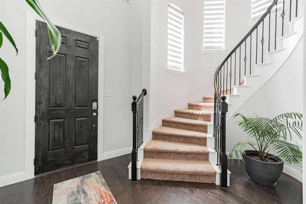 Dark wood-finish flooring, a paneled entry door, a carpeted curved staircase, and an ornate metal baluster