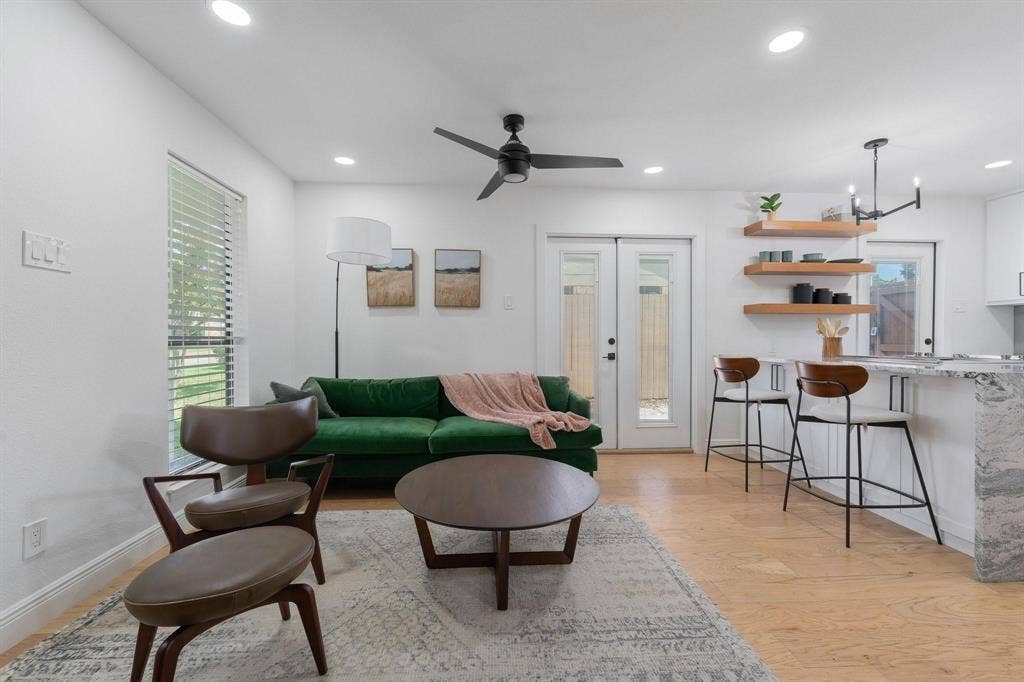 1805 W Spring Creek Parkway, #MM2, Plano, TX 75023 Recessed ceiling lighting, a ceiling fan, light wood-finish flooring, white walls, and French doors
