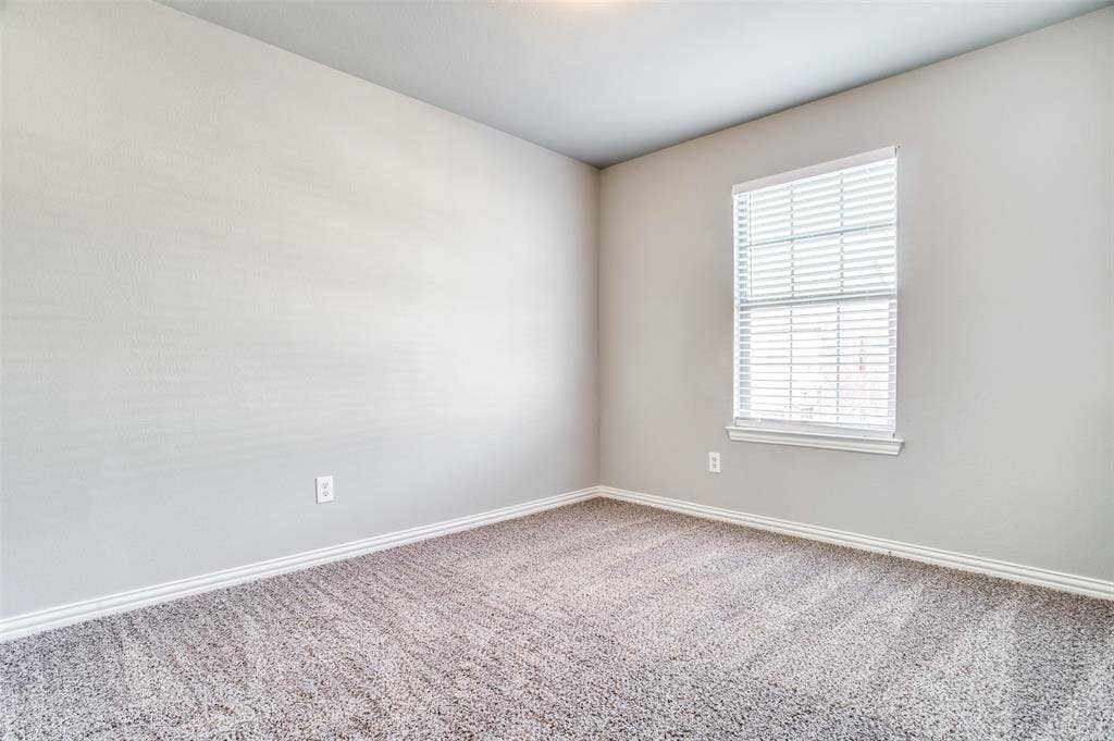 2364 Calendar Court, Grand Prairie, TX 75050 Neutral tone wall finish, textured carpeting, window with horizontal blinds, and white trim molding