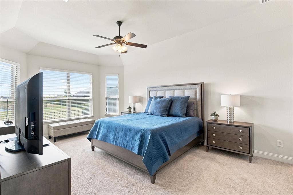 Carpeted room featuring a tray ceiling, multiple windows with blinds, and a ceiling fan