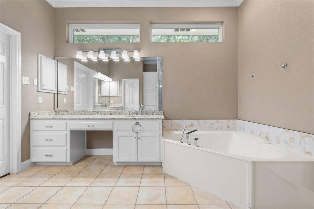 367 Elm Grove Circle, Waco, TX 76657 Dual vanity with white cabinetry, granite-style countertop, and integrated sinks
