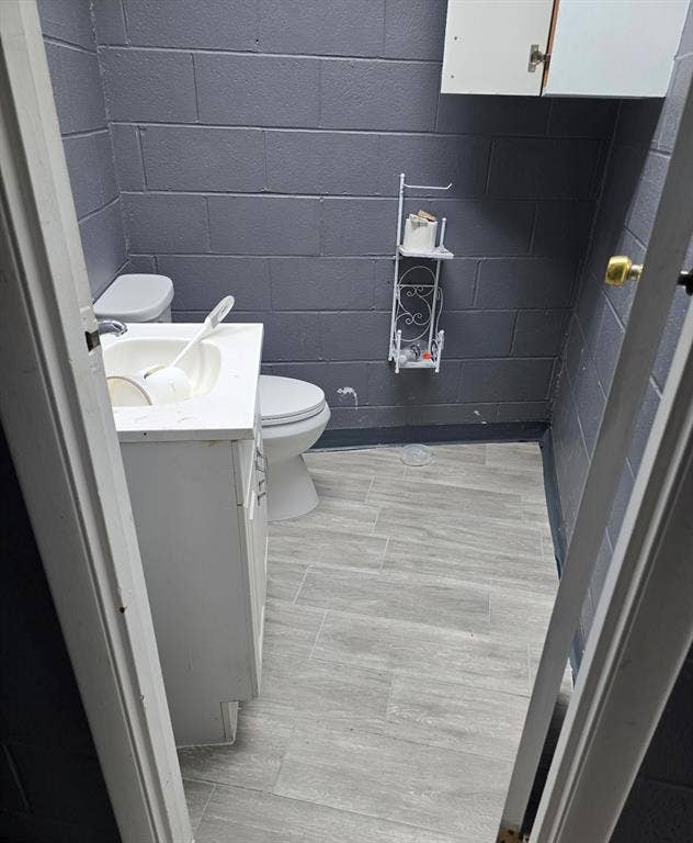 4309 Action Street, Garland, TX 75042 White vanity with integrated sink, modern toilet, and light-toned tile flooring