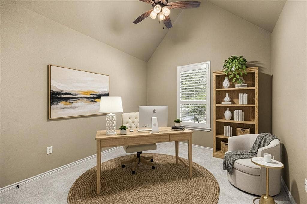 Bedroom #3 or Lovely  light filled office with walk-in closed and vaulted ceiling.  Virtually Staged