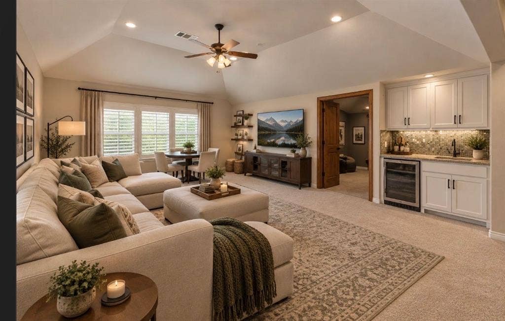 408 Blue Ridge Court, Allen, TX 75013 Carpeted living space with vaulted ceiling and built-in wet bar