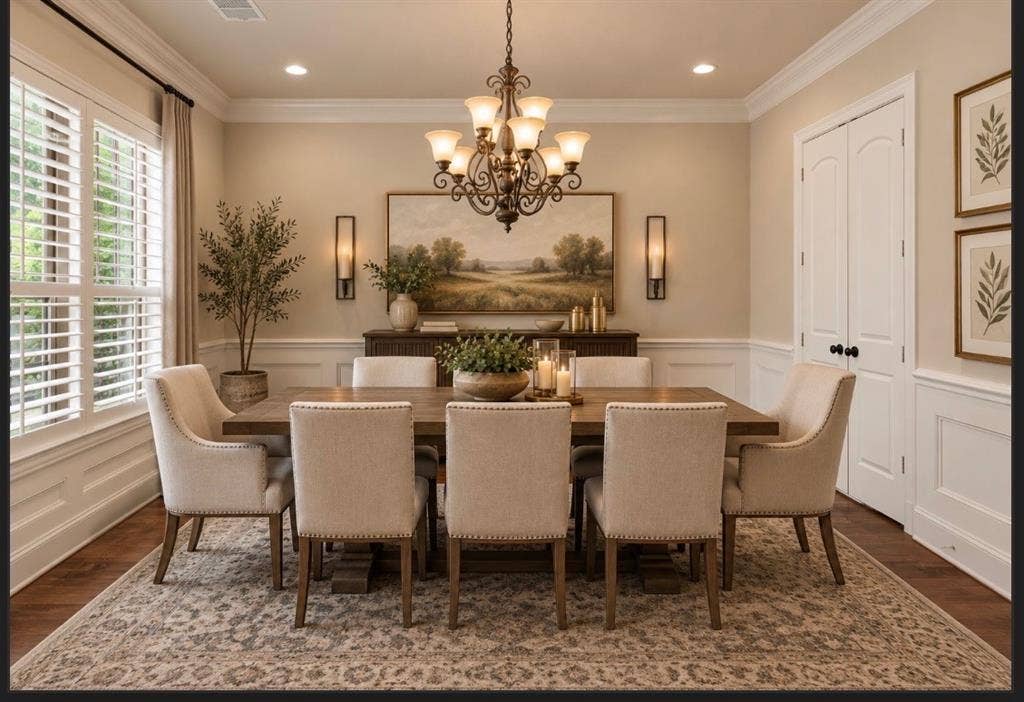 408 Blue Ridge Court, Allen, TX 75013 Hardwood flooring, crown molding, wainscoting, plantation shutters, and a classic chandelier