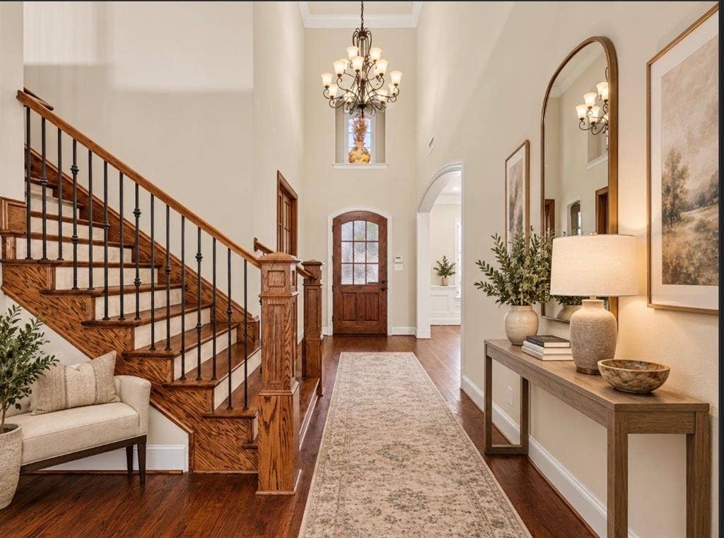408 Blue Ridge Court, Allen, TX 75013 Two-story foyer with hardwood flooring, a grand staircase featuring wood treads and iron balusters, and an arched doorway