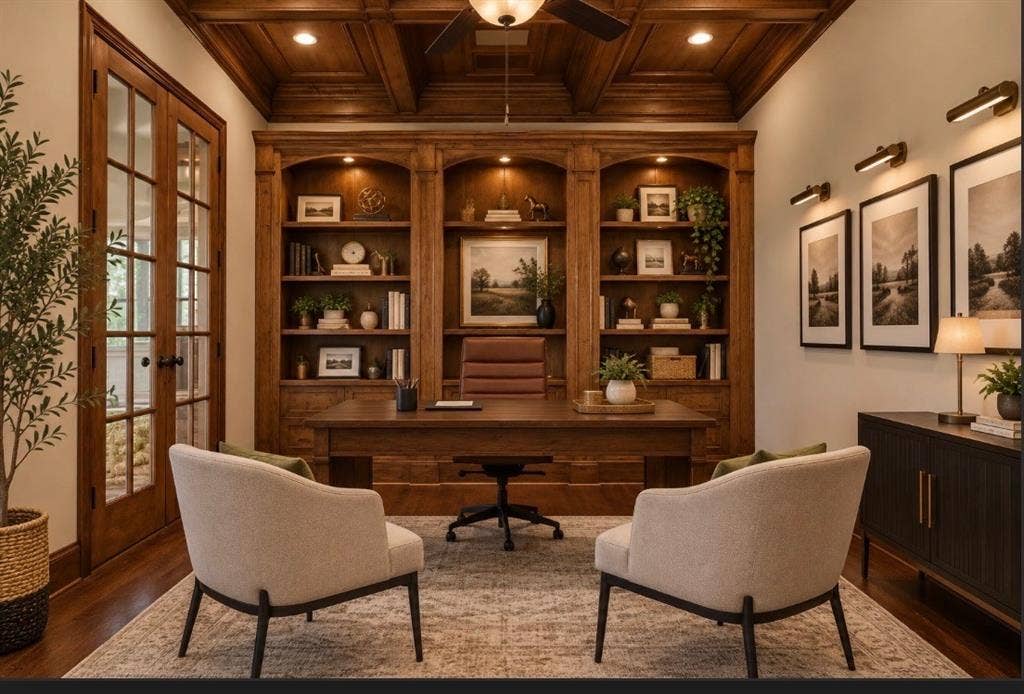 408 Blue Ridge Court, Allen, TX 75013 Wood-finish flooring, custom built-in shelving, glass-paned French doors, wood-paneled ceiling with a central fan, and wall-mounted picture lighting