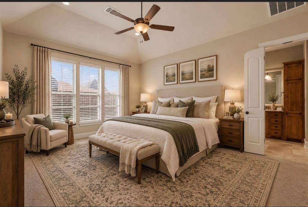 408 Blue Ridge Court, Allen, TX 75013 Vaulted ceiling with a ceiling fan, triple windows with blinds, recessed lighting, and a neutral color palette