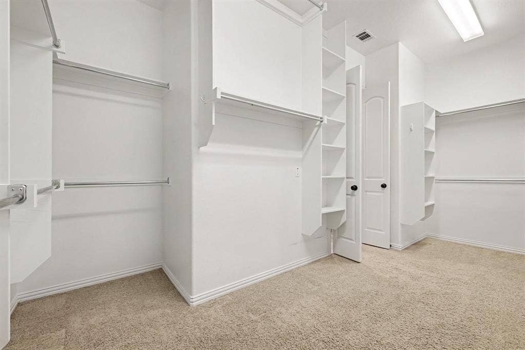 408 Blue Ridge Court, Allen, TX 75013 Walk-in closet featuring carpet flooring, built-in shelving, chrome hanging rods, and a flush-mount ceiling light