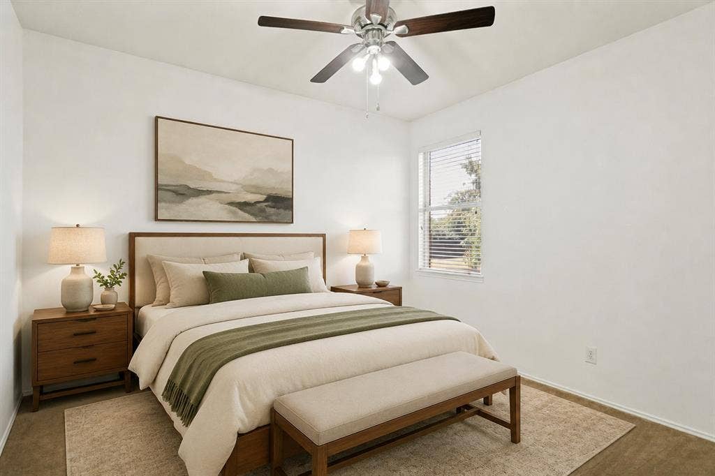 9604 Bull Creek Drive, Plano, TX 75025 Recessed window with blinds, ceiling fan with integrated lighting, and neutral wall finishes