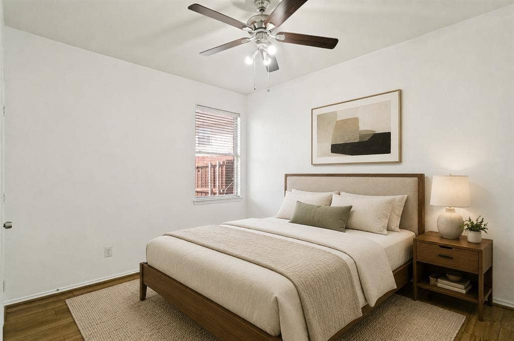 9604 Bull Creek Drive, Plano, TX 75025 Wood-finish flooring, ceiling fan with integrated lighting, and a window with blinds
