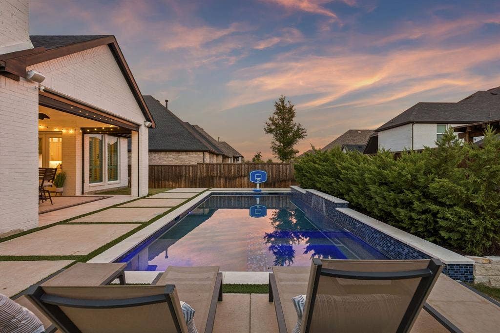 1581 Turnberry Drive, Prosper, TX 75078 Twilight views of the heated, shallow chlorine pool — a perfect setting for relaxed gatherings.