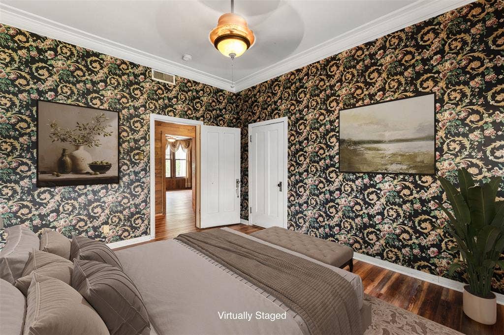 2967 S Old Robinson Road, Robinson, TX 76655 Large Owner's Suite with beautiful crown molding and timeless wallpaper (Virtually Staged)