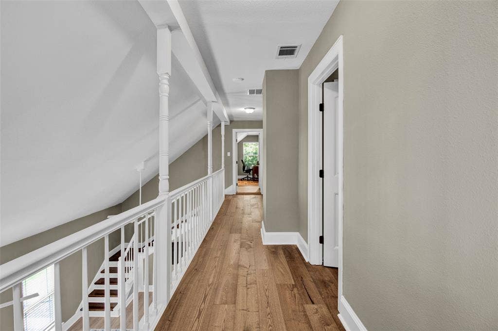 Wood-finish flooring with white trim