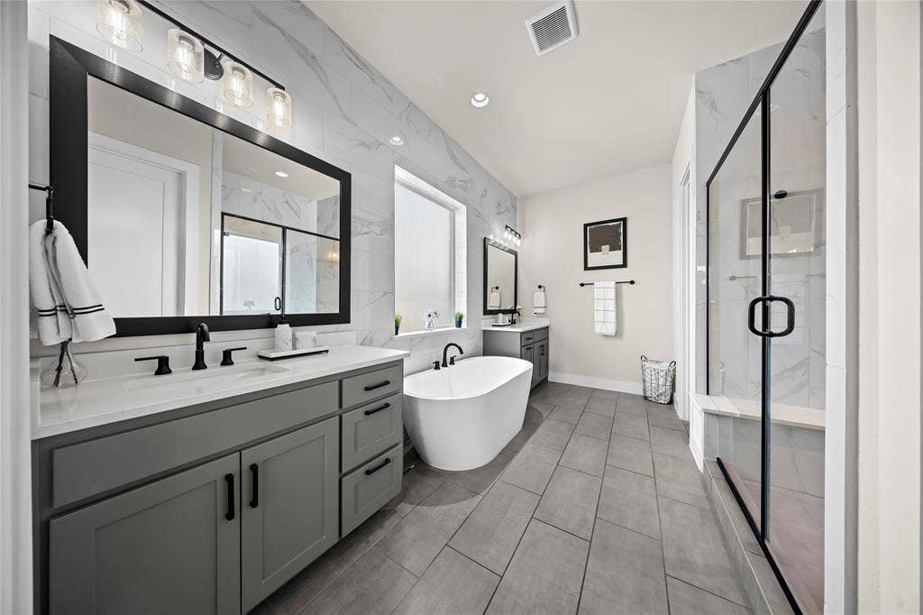 467 Mayfair Lane, Frisco, TX 75033 Dual vanity with gray cabinetry and white countertops