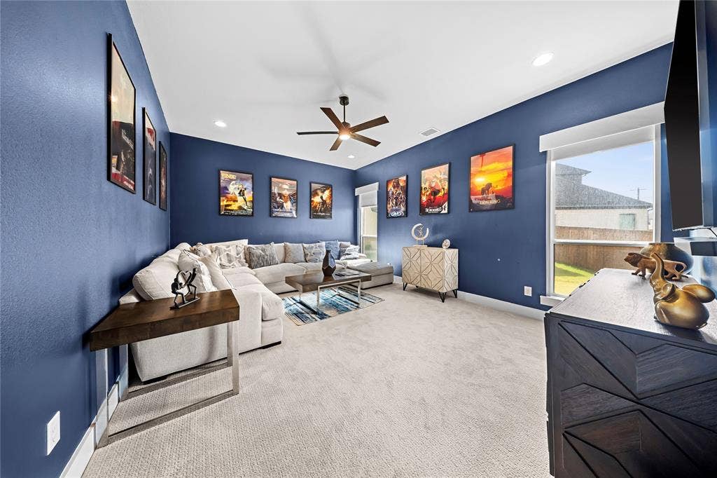 467 Mayfair Lane, Frisco, TX 75033 Recessed ceiling lights, ceiling fan, multiple windows with roller shades, and carpeted flooring